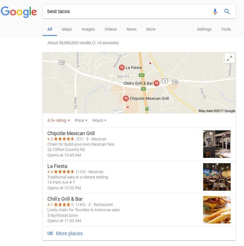 Skjermdump av google søk med lokasjoner i kartvisning
