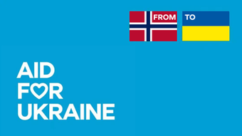 "Aid for Ukraine" tekst på blå bakgrunn med norsk og ukrainsk flagg